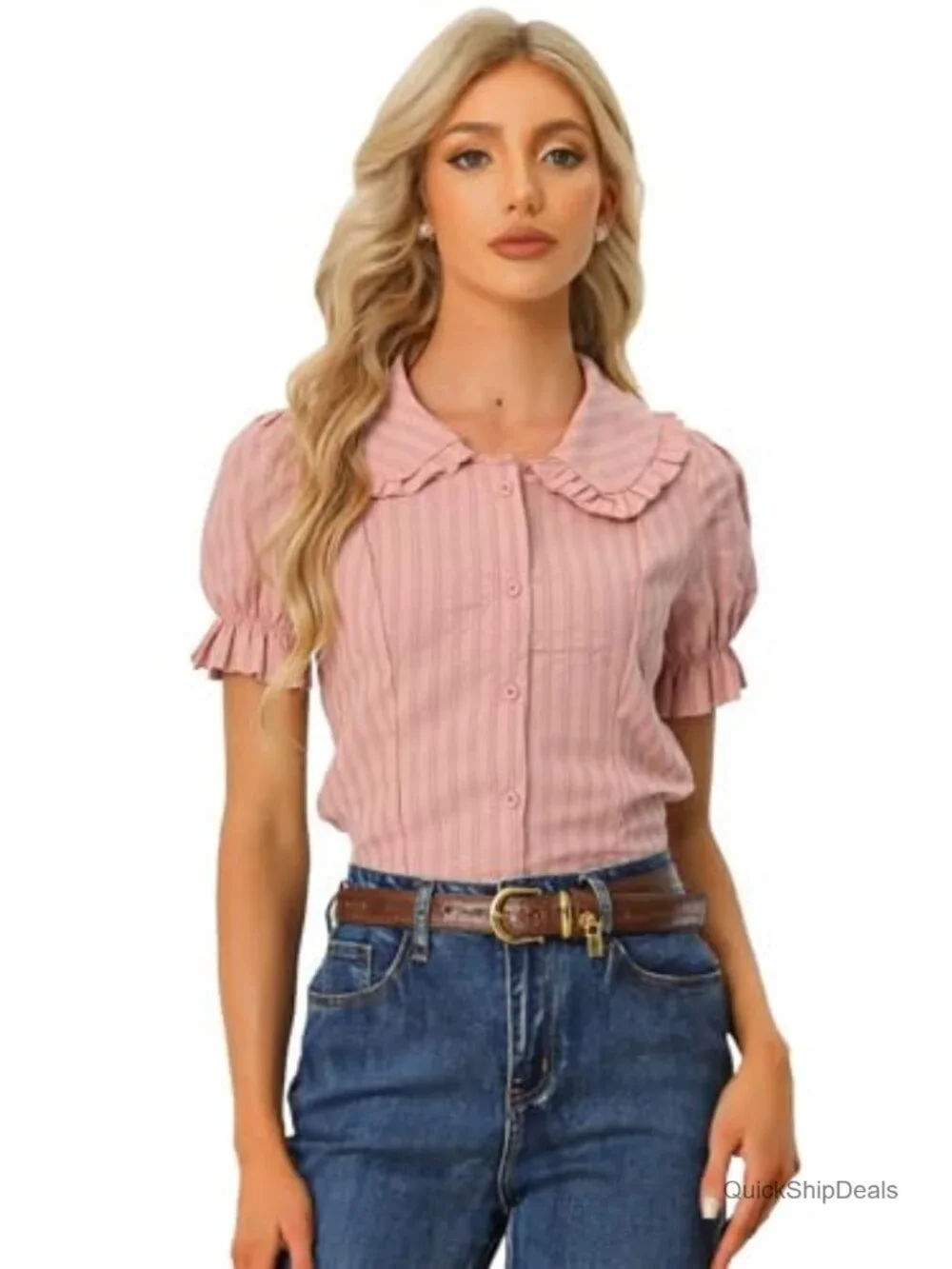 Peter Pan Collar Button Down Shirt Short Sleeve Cotton Blouse